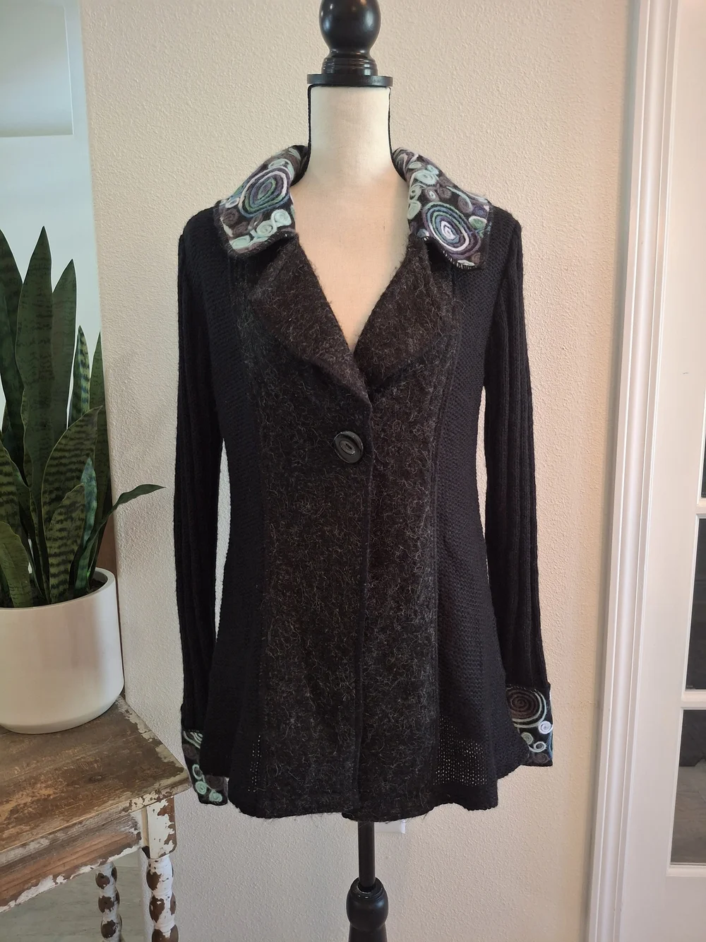 Sioni Black Knit Cardigan with Printed Collar and Cuff Accents